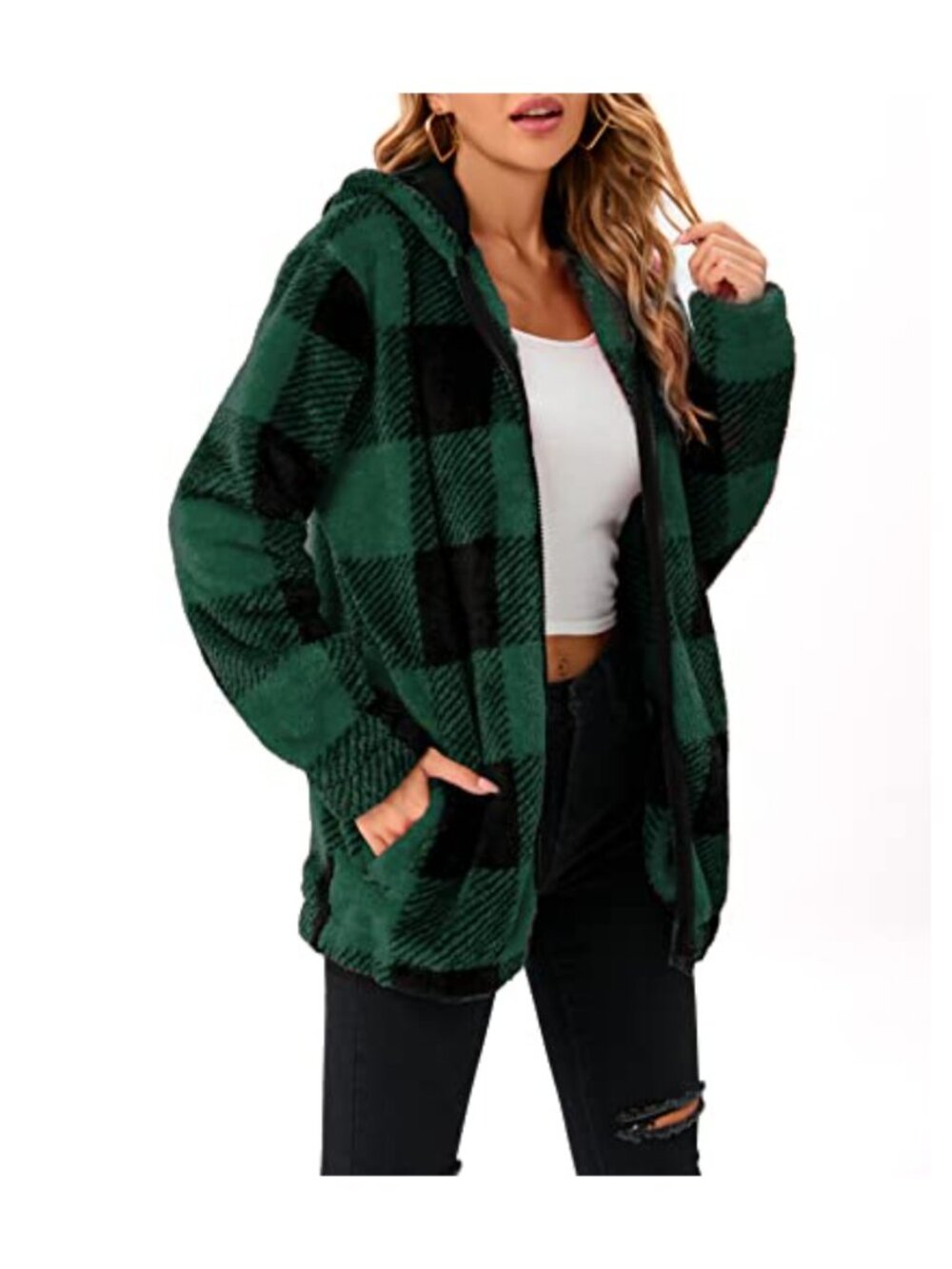 Women's Fuzzy Fleece Zip Up Hoodie Oversized Sherpa Sweater Jacket Pockets